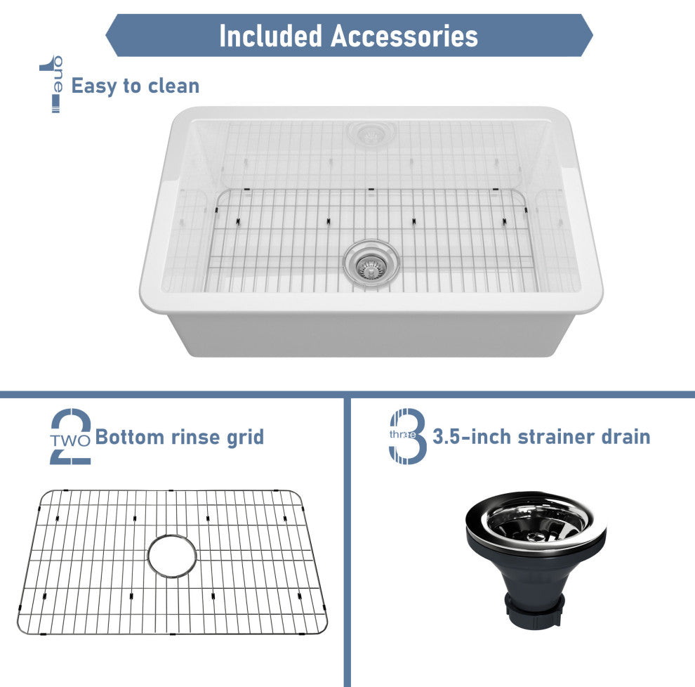 32in Undermount Single Bowl Fireclay Kitchen Sink with Grid and Drainer, Glossy White
