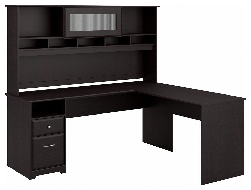 Cabot L Shaped Computer Desk With Hutch and Drawers, Espresso Oak