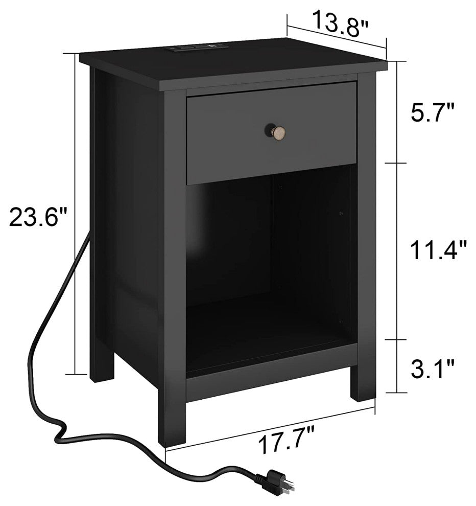 Nightstand with Charging Station, Drawer and Storage Space