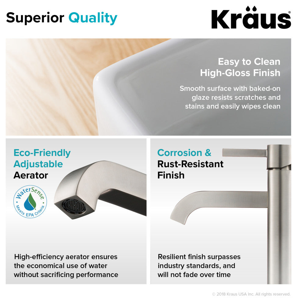 Elavo Square Ceramic Vessel Sink, Bathroom Ramus Faucet, PU Drain, Nickel