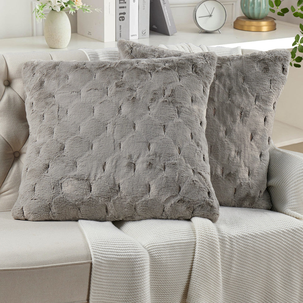 Jacquard Rabbit Faux Fur Pillow Cover 2 Piece Set, Grey, 26" X 26"
