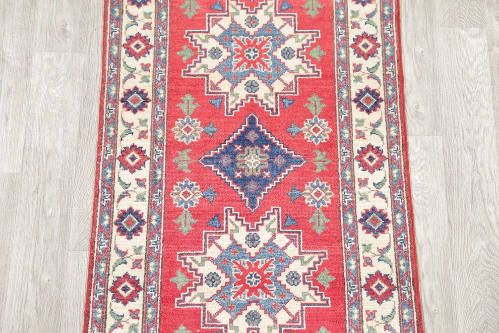 Hand Made Kazak Oriental Runner Pakistani Traditional Wool Rug, Red, 11'5"X2'10"