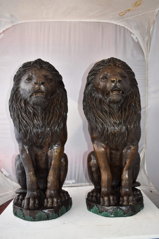 Pair Of Lions Sitting on Base Very Detailed Bronze Statues 13" x 26" x 34"H