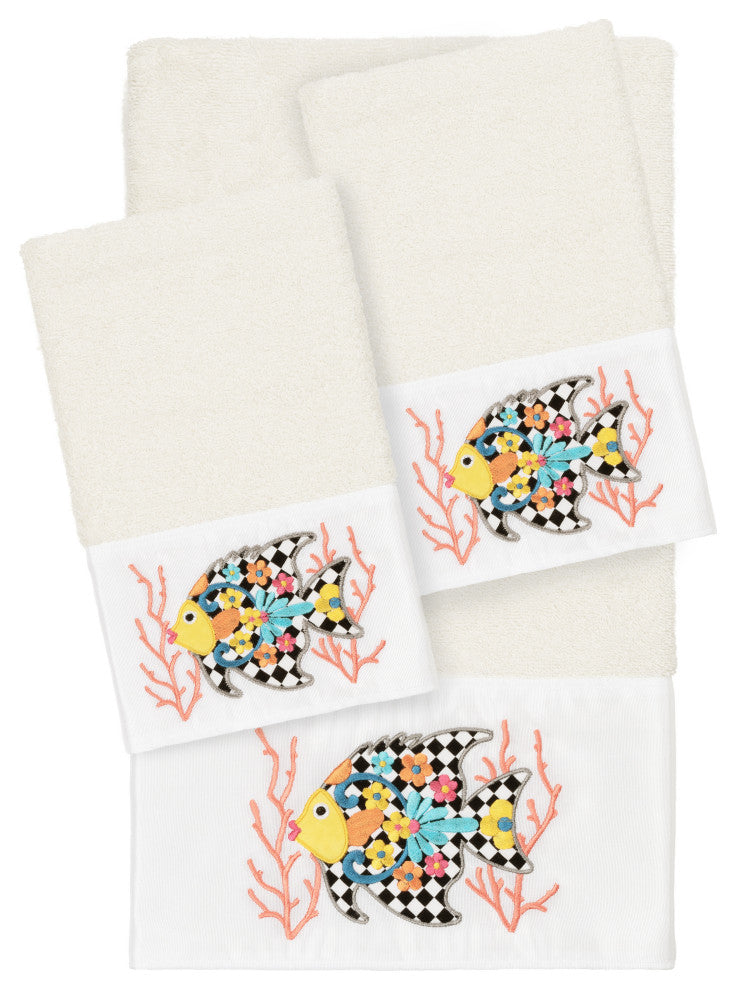 Linum Home Textiles Turkish Cotton Feliz 3-Piece Embellished Towel Set, Cream
