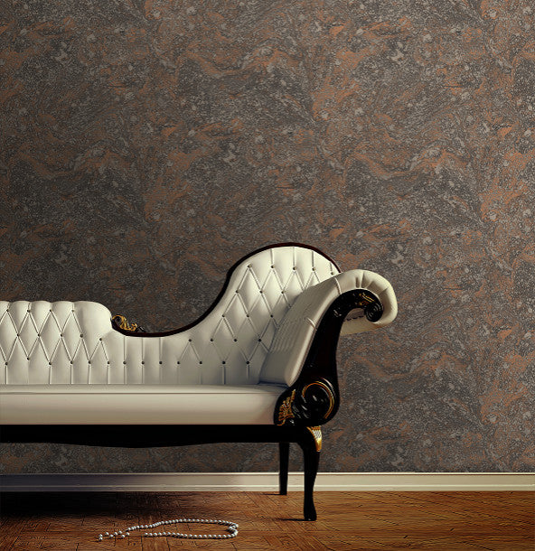Black and Copper Foil Infused Marble Wallpaper