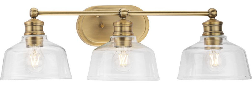 Singleton 3-Light 26.5" Vintage Brass Vanity Light, Clear Glass Shades