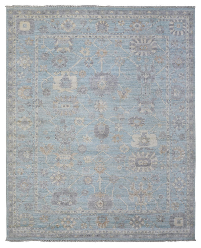 Light Blue Soft Wool Hand Knotted Afghan Angora Oushak Oriental Rug, 8'0"x9'8"