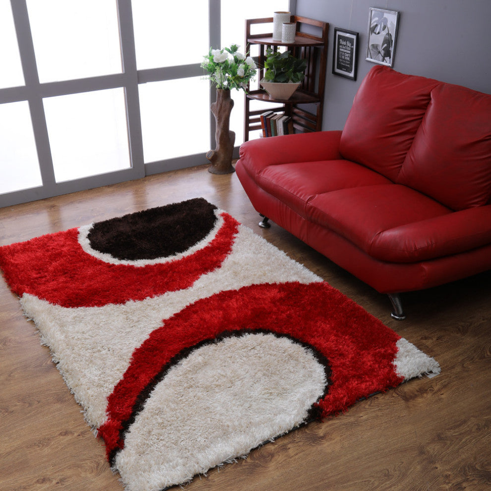 HAND TUFTED SHAG POLYESTER ECO-FRIENDLY AREA RUGS, Red Ivory Color, Contemporary