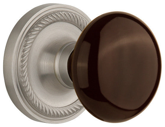 Rope Rosette Passage Brown Porcelain Knob, Satin Nickel