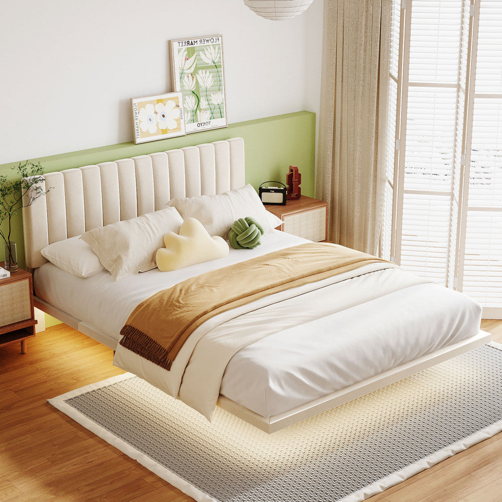 Gewnee Queen Size Upholstered Bed with Sensor Light and Headboard in Beige