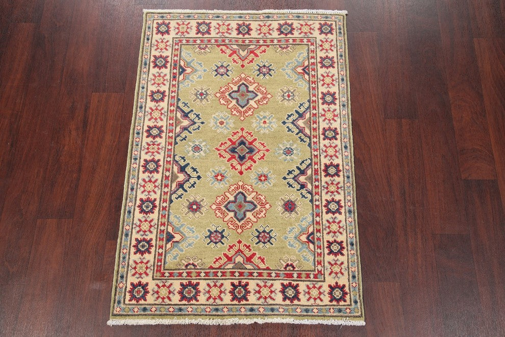 Traditional Pakistani Kazak Hand-Knotted Oriental Area Rug, Green, 4'0"X2'9"