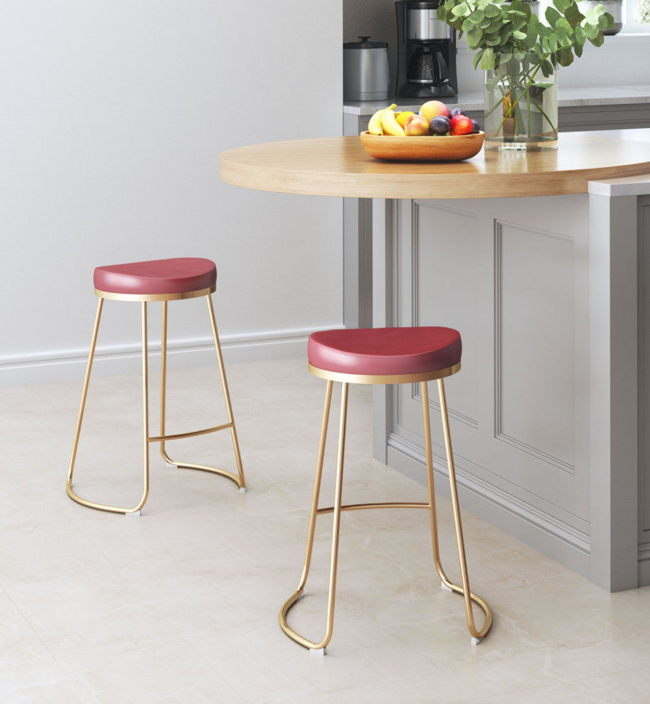 Counter Stool Chair, Set of 2, Faux Vinyl Leather, Steel, Burgundy, Gold, Cafe