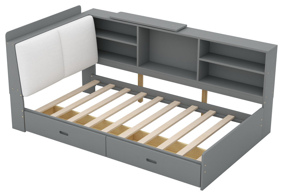 Gewnee Wood Twin Size platform bed with Storage Headboard