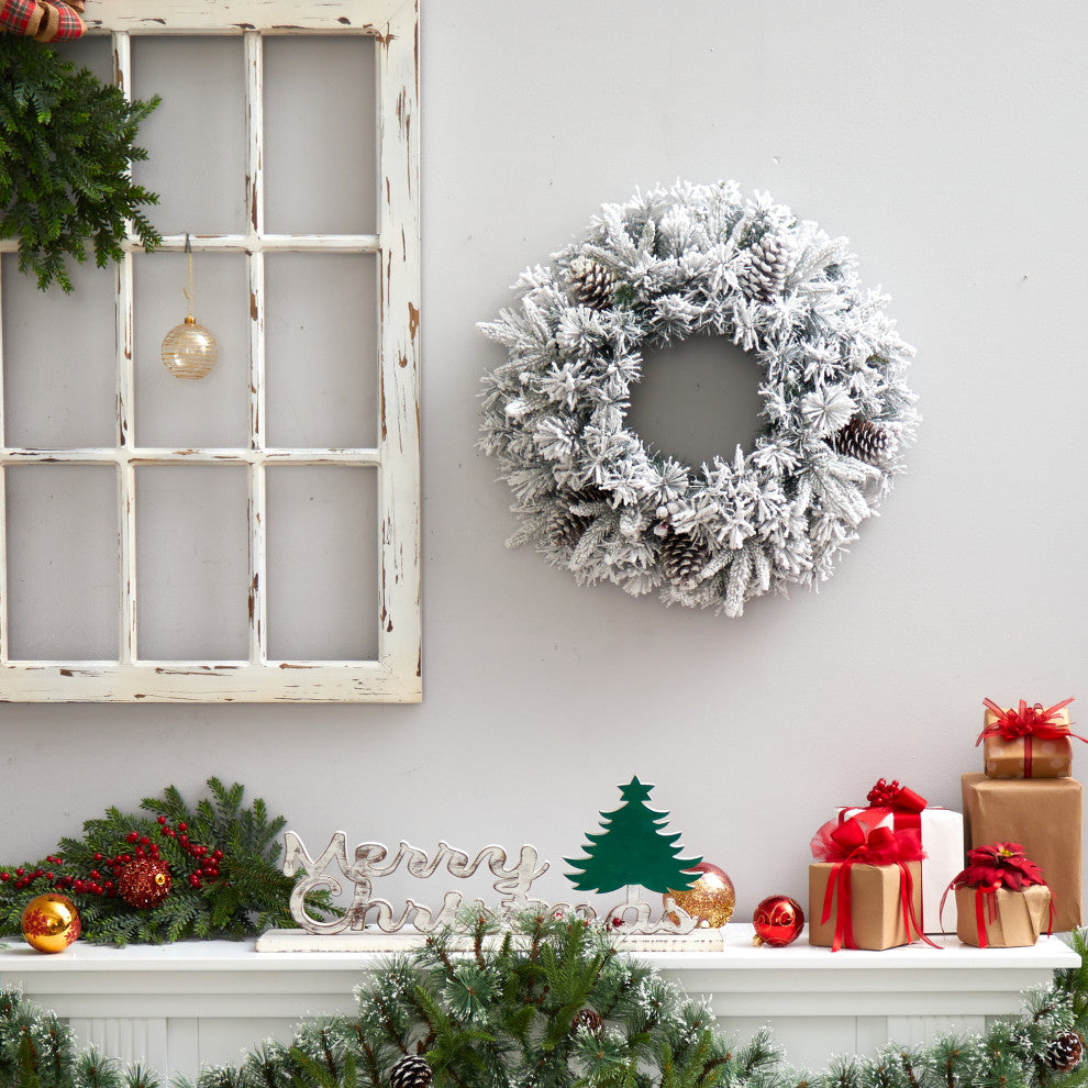 20" Flocked Artificial Christmas Wreath With 35 Warm White LED Lights