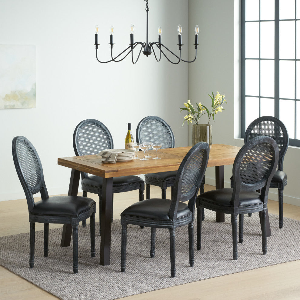 Warbler Farmhouse Faux Leather Upholstered Wood and Rattan 7 Piece Dining Set