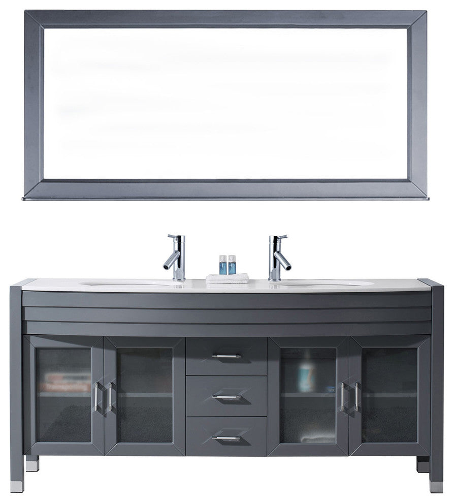 Virtu Ava 71" Double Bathroom Vanity, Gray With White Top, Faucet and Mirror