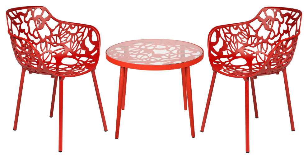LeisureMod Devon Aluminum Patio Dining Set With Table and 2 Armchairs, Red