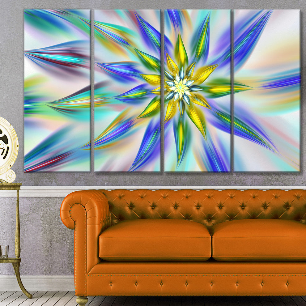 Dancing Blue Fractal Flower, Floral Canvas Art Print, 48"x28", 4 Panels