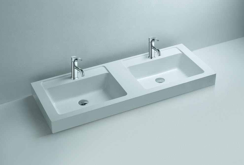 ADM Double Rectangular Stone Resin Countertop Sink, White, 47", Glossy White