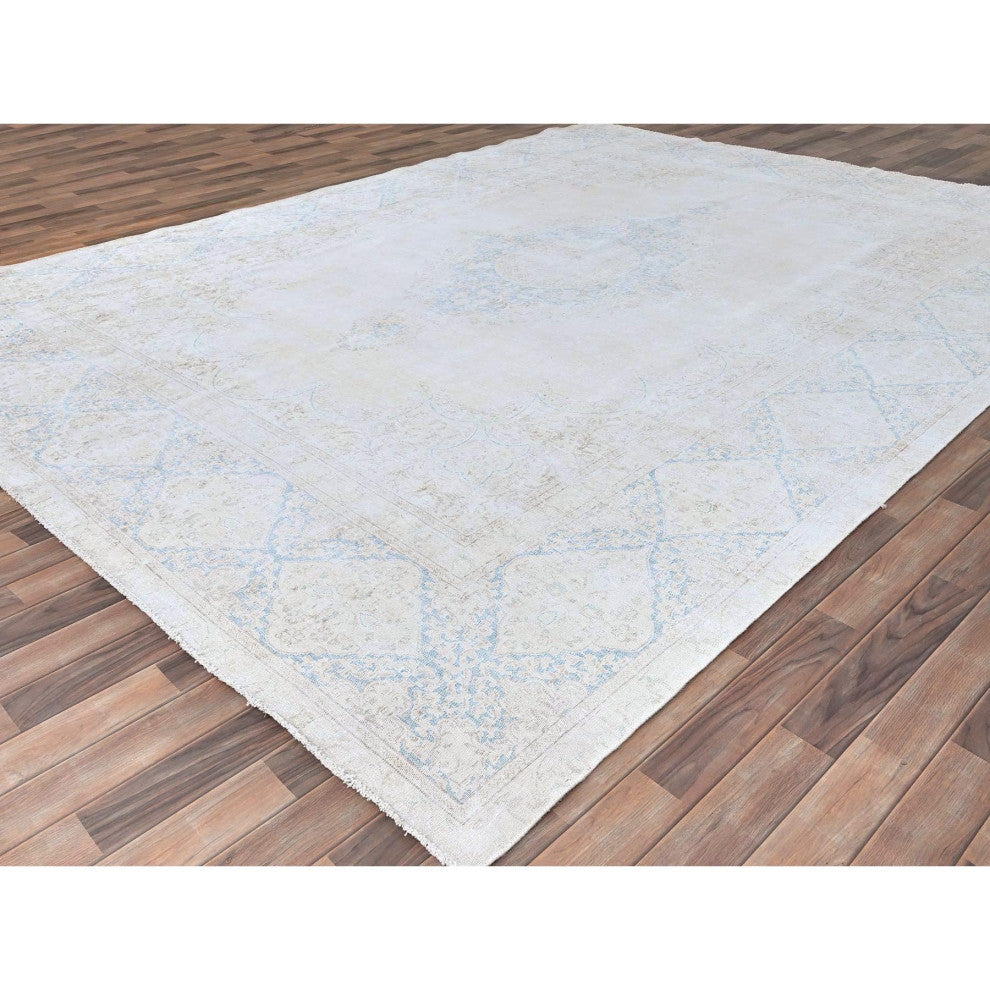 Spring White, Pure Wool, Hand Knotted, Vintage Persian Kerman Rug, 9'4"x12'3"