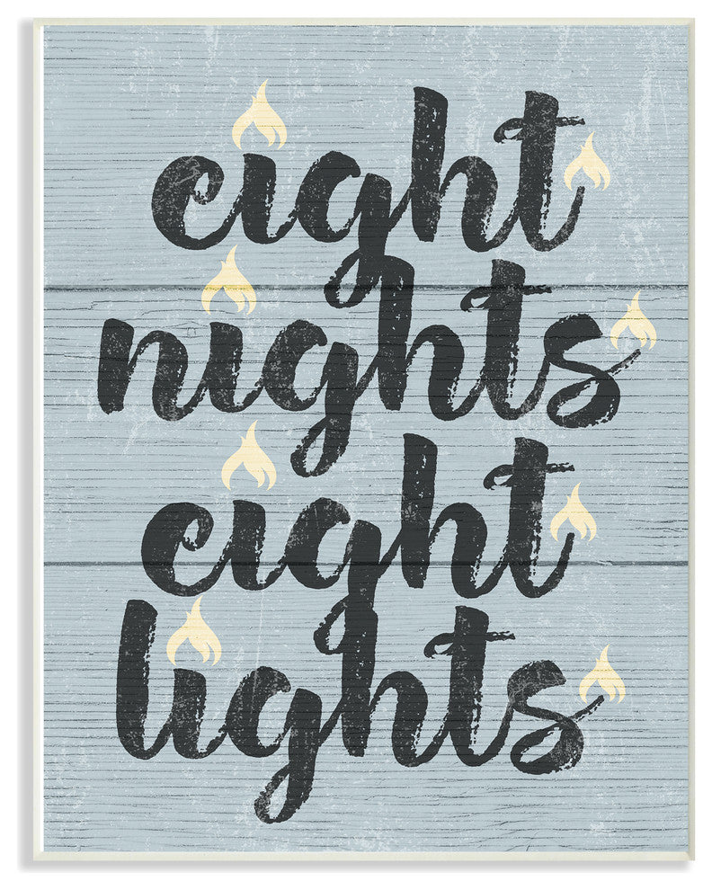 Blue and White Hanukkah Eight Nights Eight Lights Typography Plaque, 12.5"x18.5"