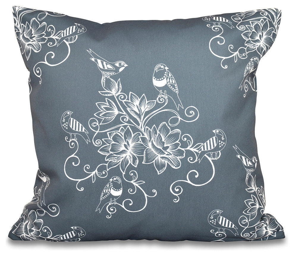 Morning Birds, Floral Print Pillow, Gray, 18"x18"