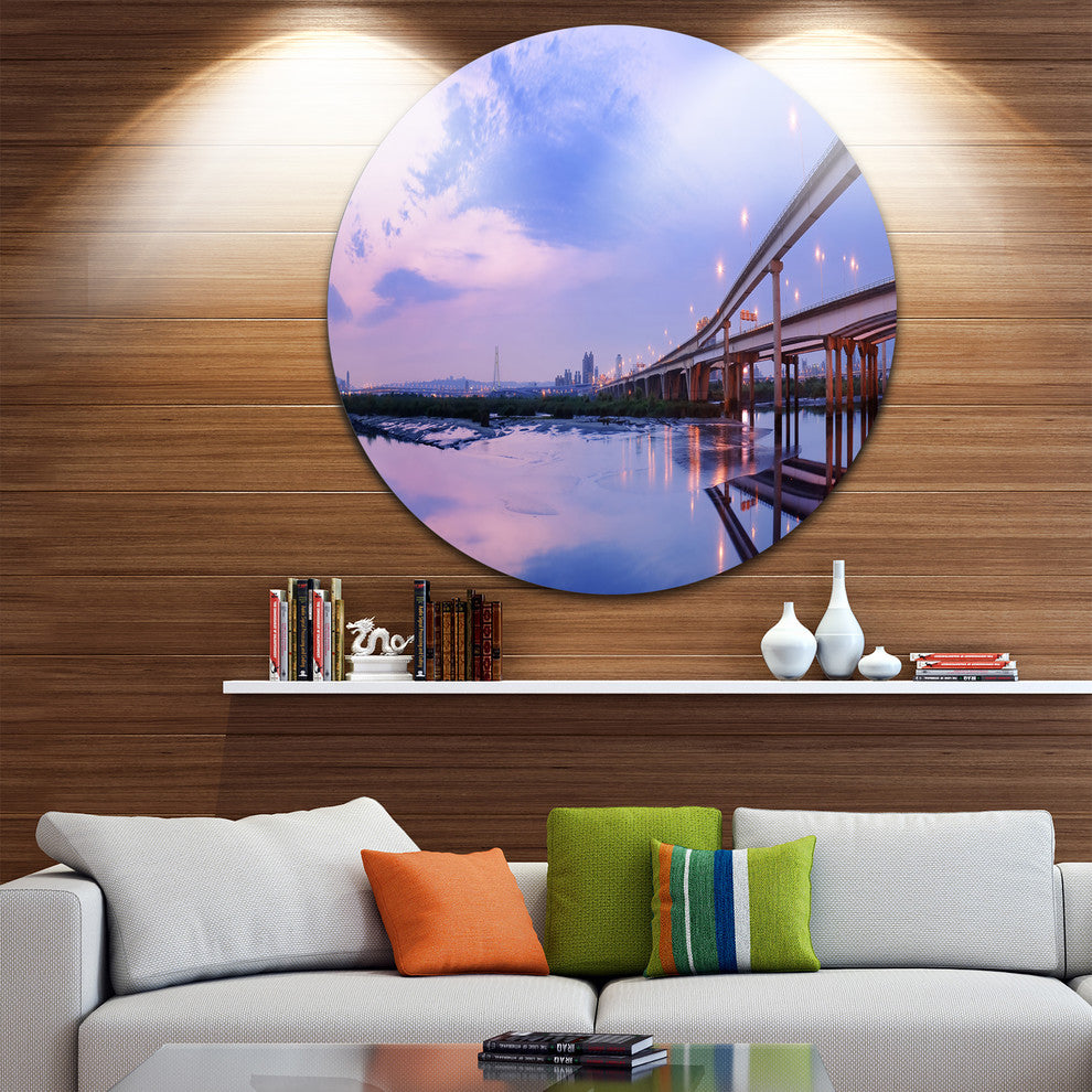 Purple Beach With Pier, Seashore Photography Round Wall Art, 11"