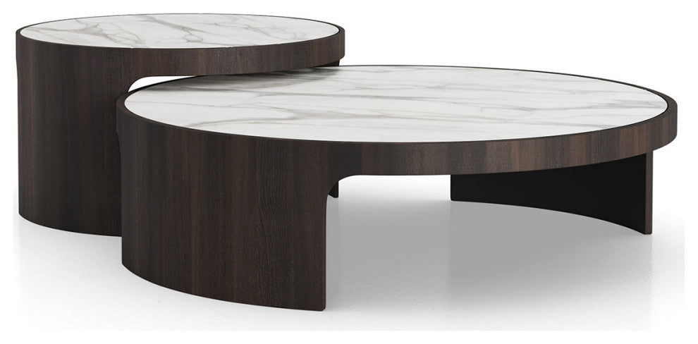 Oliver Nesting Coffee Tables, Smoked Oak and White Marble Ceramic