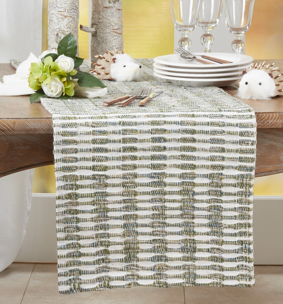 Woven Table Runner With Lined Design, Green, 16"x90"