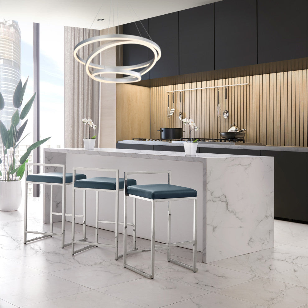 Inspired Home Dereck Bar Stool Geometric Frame, Navy and Chrome Leather PU