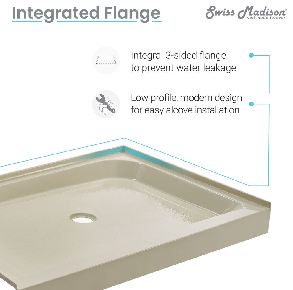 Voltaire 48"x36" Acrylic White, Single-Threshold, Center Drain, Shower Base, 60"
