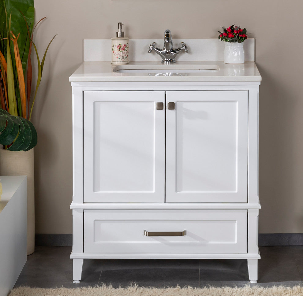 Nera Collection 30" Bath Vanity Quartz Top and Ceramic Sink, White, 30"