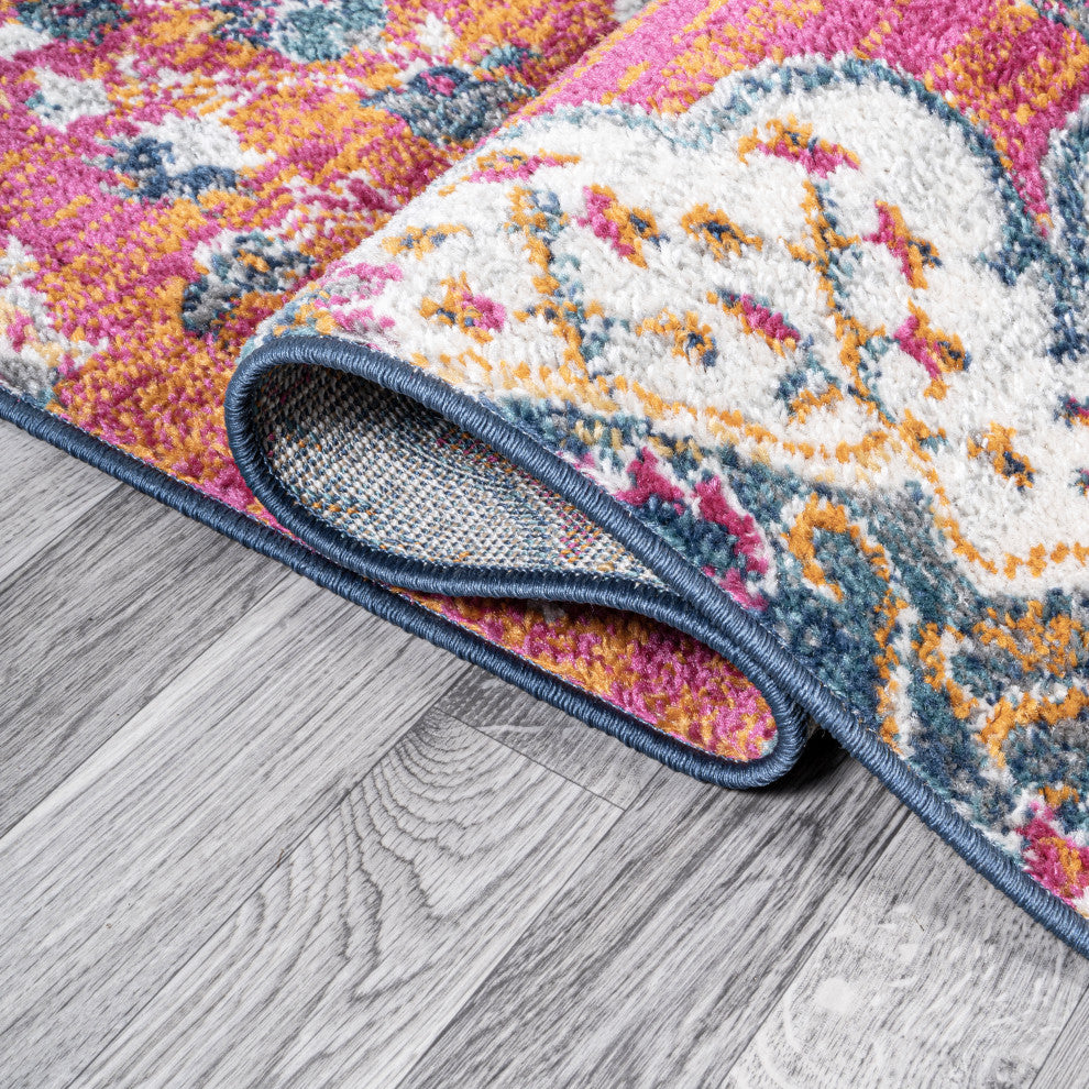 Bohemian FLAIR Boho Vintage Medallion Area Rug, Fuchsia/Ivory, 2 X 8