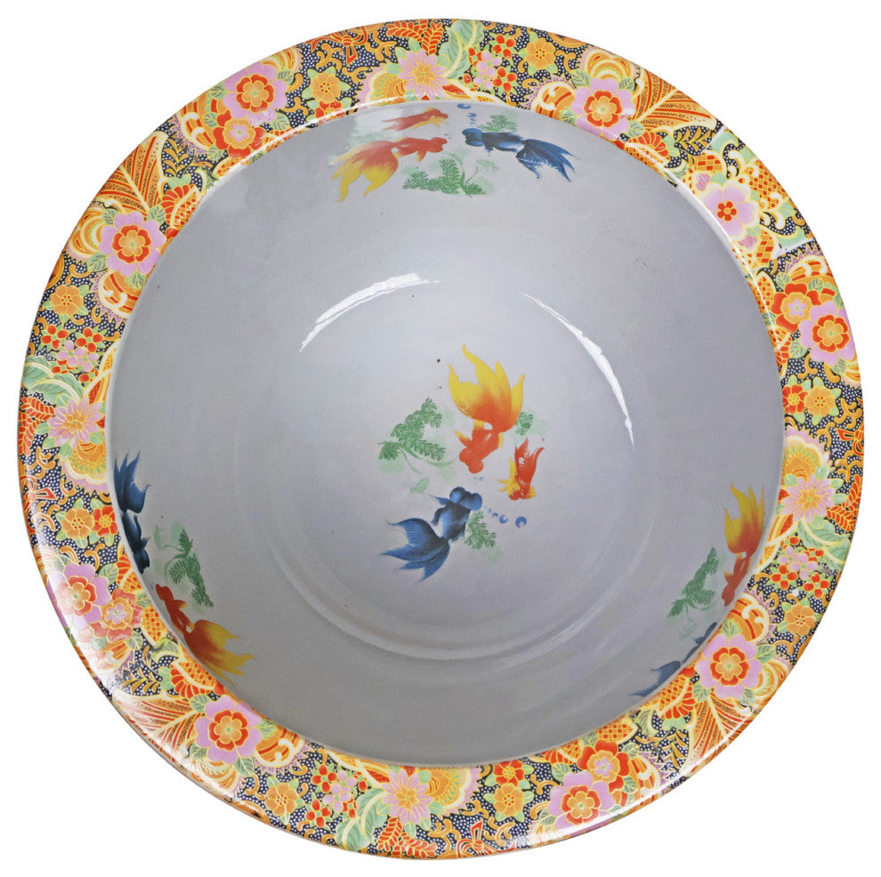 Chinese Porcelain Fish Bowl Planter, Satsuma Peacocks, 14"