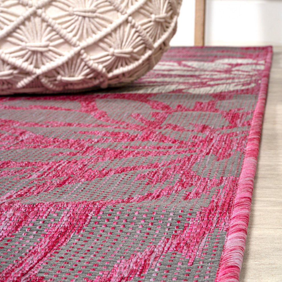 Zinnia Modern Floral Textured Weave Indoor/Outdoor, Fuchsia/Light Gray, 2x8