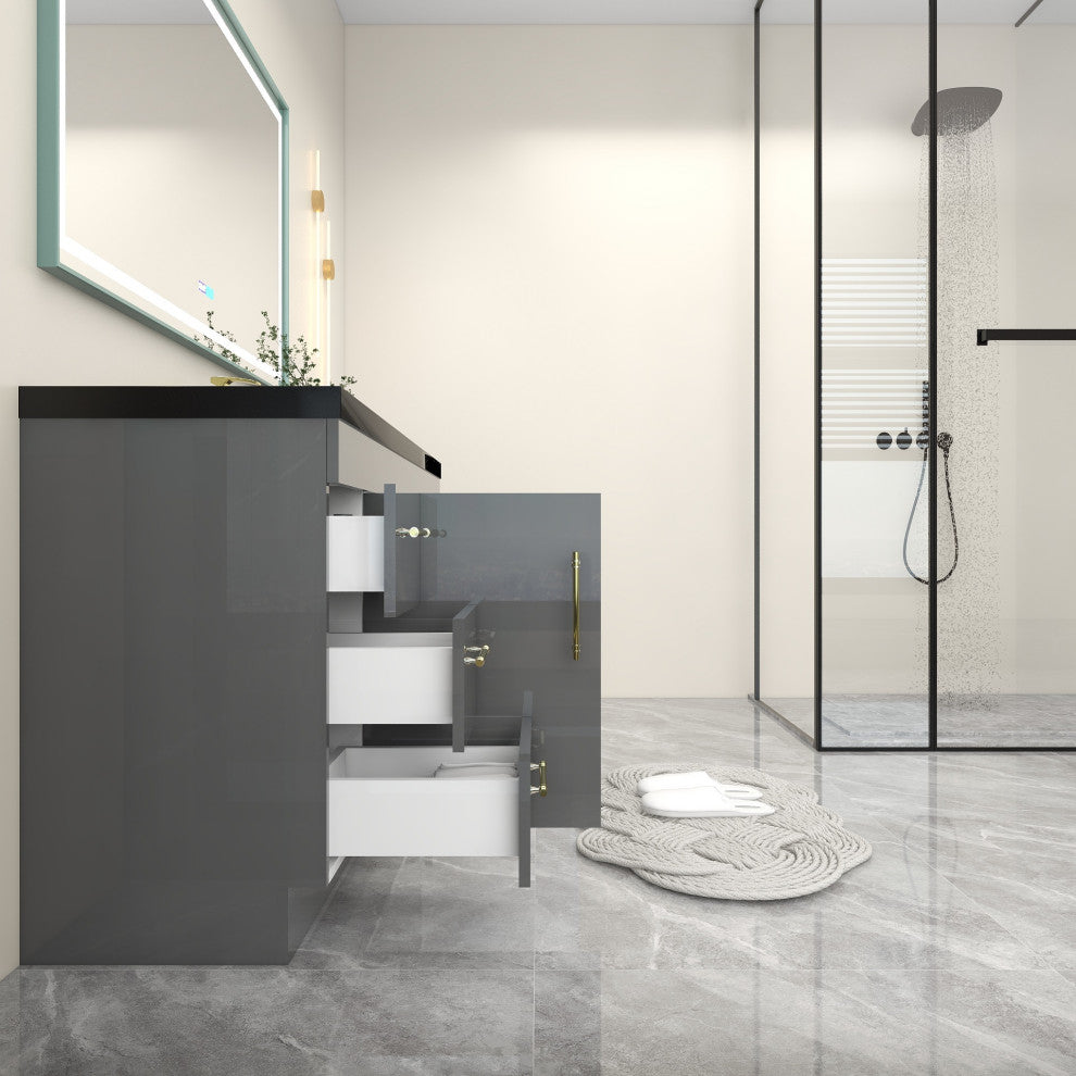 Rosa 60" Free Standing Modern Vanity, High Gloss Gray, Matt Black Top