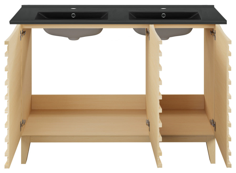 Cascade 48" Natural Oak, Double Basin Bathroom Vanity With Black Sink Top
