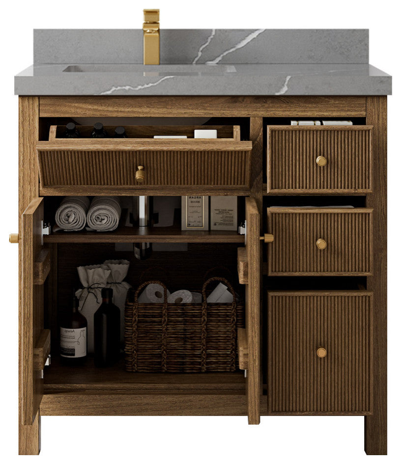 Sonoma Teak 36 Left Offset Bath Vanity in Dark Natural with 2" Piatra Gray