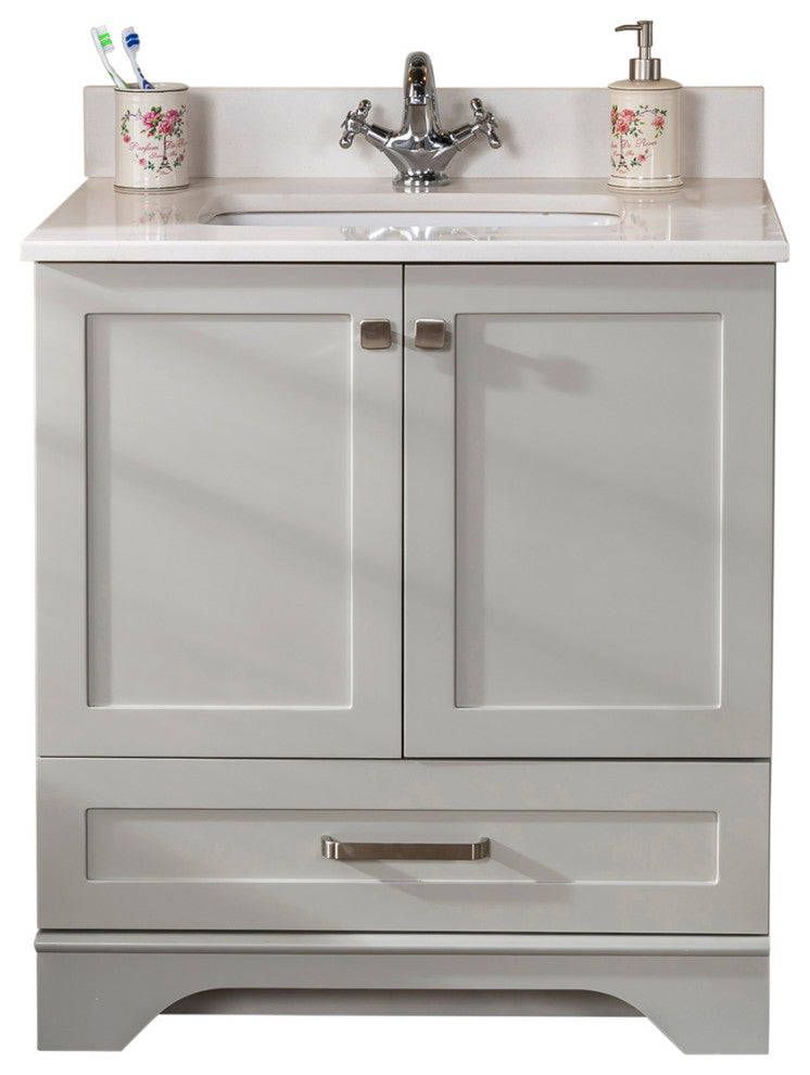Livia Collection 30" Bath Vanity Quartz Top and Ceramic Sink, Grey, 30"