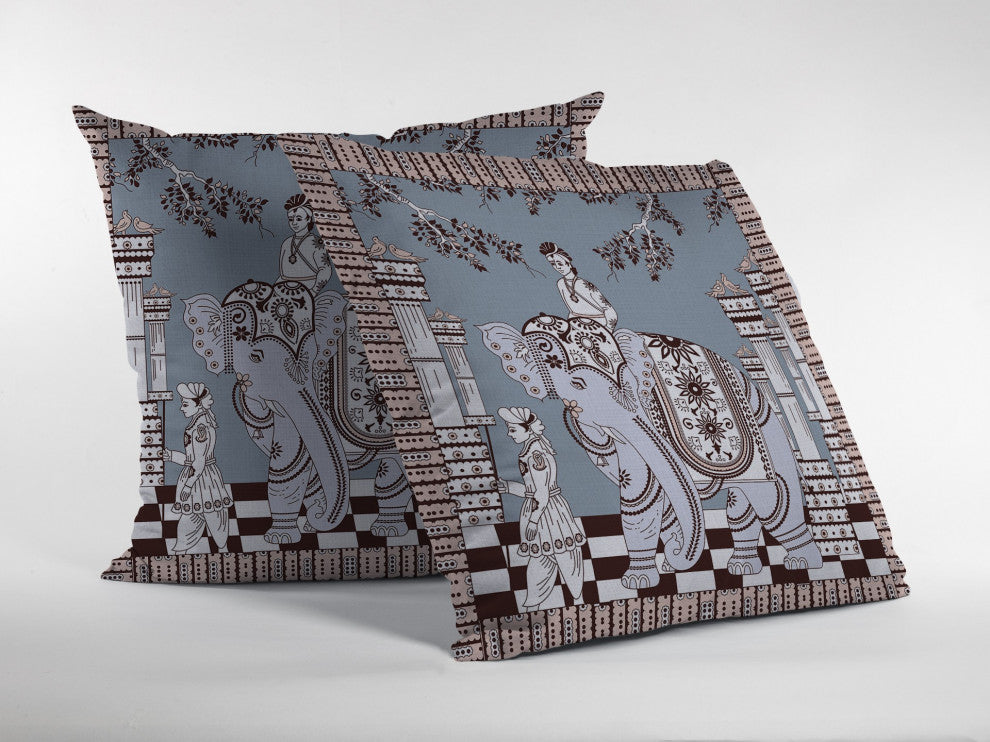 18" Blue Brown Ornate Elephant Zippered Suede Throw Pillow