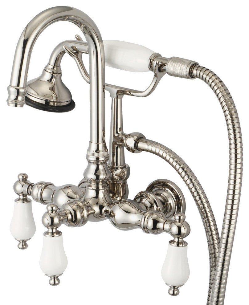 Vintage 3-3/8" Center Wallmount Tub Faucet & Handshower, Porcelain lever handles