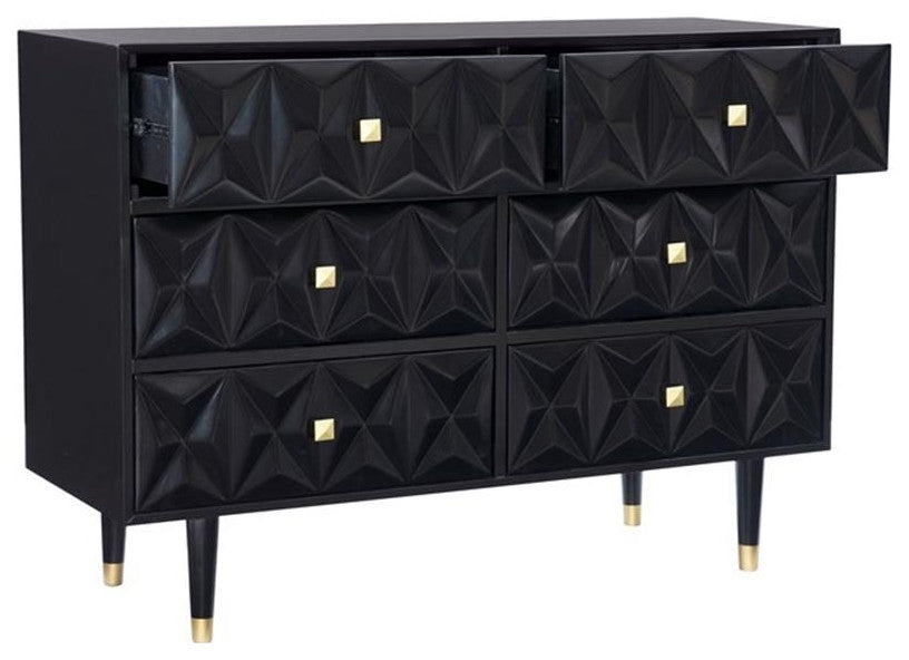 Linon Alick Wood Geo Texture 6 Drawer Dresser Gold Hardware in Glossy Black