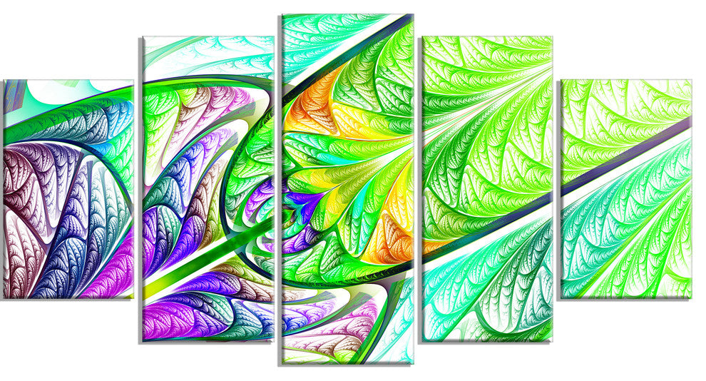 Green Blue Fractal Stained Glass, Abstract Wall Art Canvas, 60"x32", 5 Panels