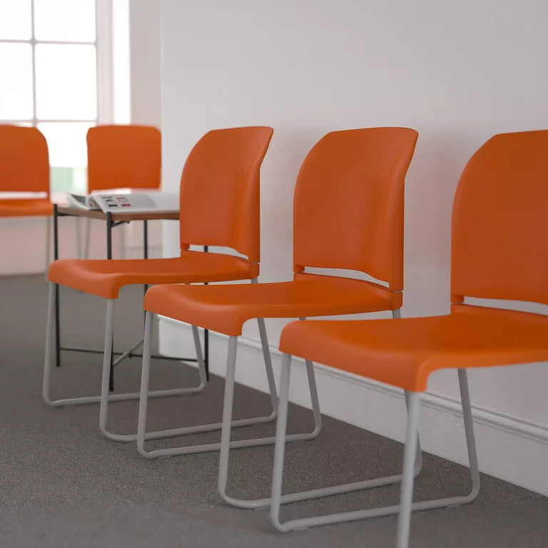 Set of 5 Multifunctional Stackable Chair, Plastic Seat With Sled Base, Orange
