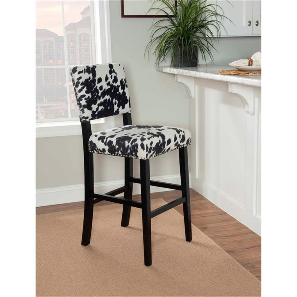 Linon Corey 30" Wood Cow Print Bar Stool in Black