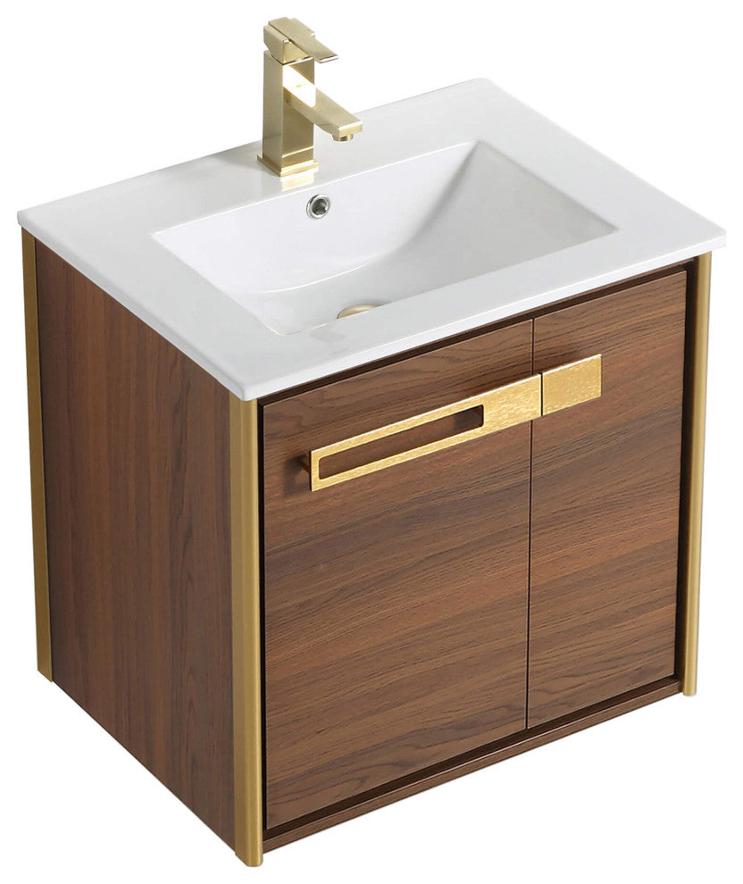 Oakville Wall Mount Bathroom Vanity, Walnut Ebony, 24", Satin Brass Hardware