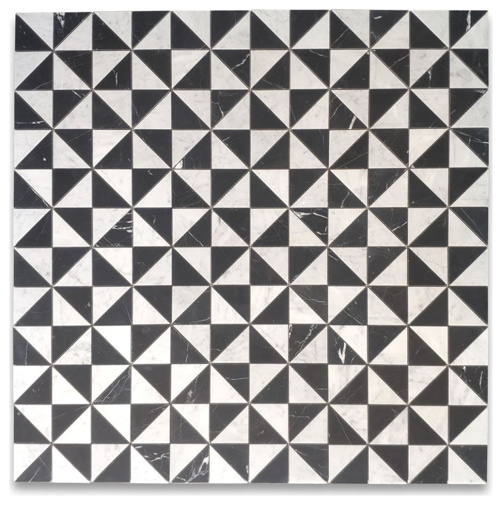 Carrara White Nero Marquina Black Marble Windmill Triangle Mosaic Tile, 1 sheet