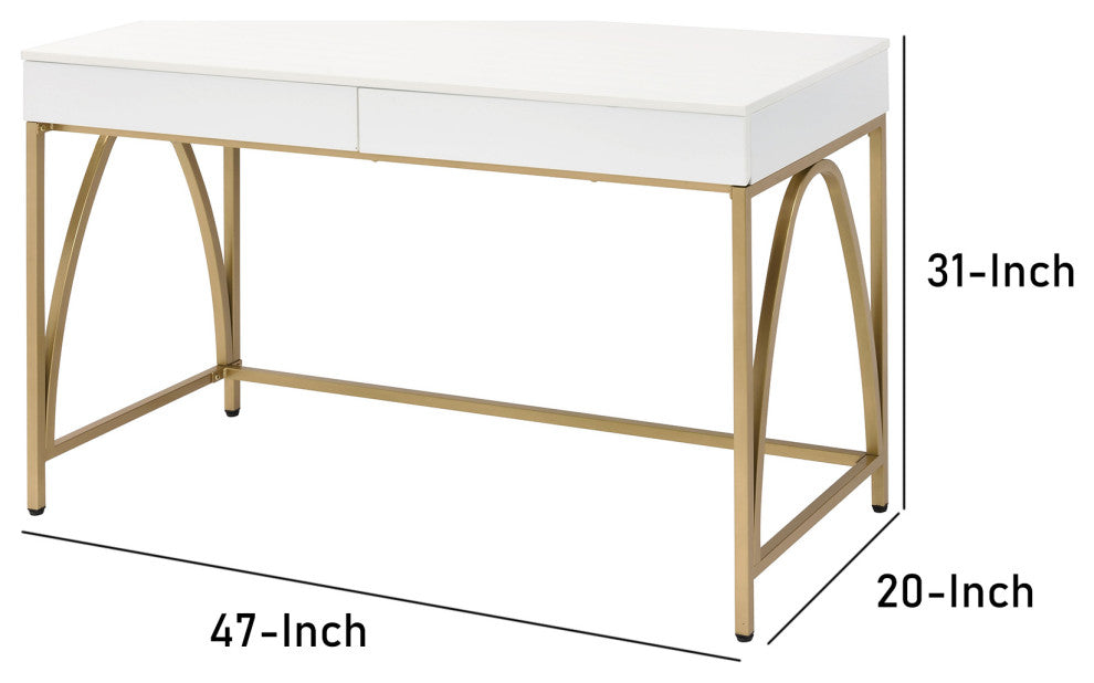 Benzara BM211100 Wooden Frame Desk With 2 Drawers and Metal Legs, White and Gold