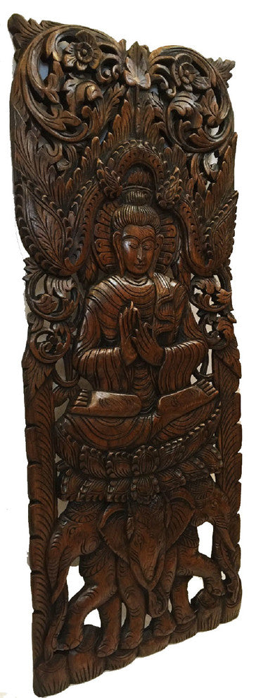 Buddha Wood Wall Decor, Large Carved Wood Panel, Dark Brown