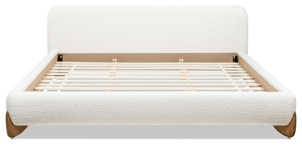 Alpine Sherpa Modern Platform Bed, Ivory White Boucle, King
